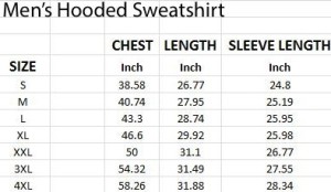 Mens Hooded Sweatshirts Size Chart