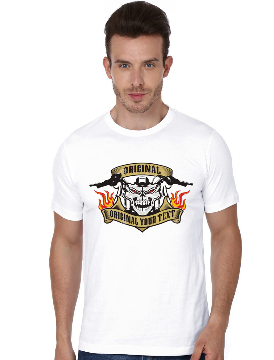 Motorcycle Skull Emblem Fire Stock White T-Shirt