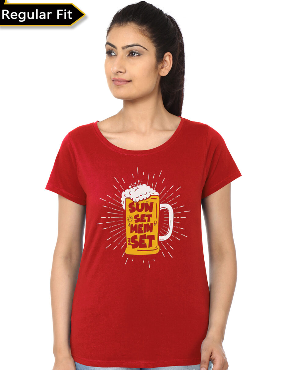 Sun Set Meh Bhi Set Red Girls T-Shirt