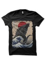 Godzilla and the Wave Black T-Shir
