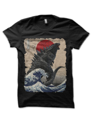 Godzilla and the Wave Black T-Shir