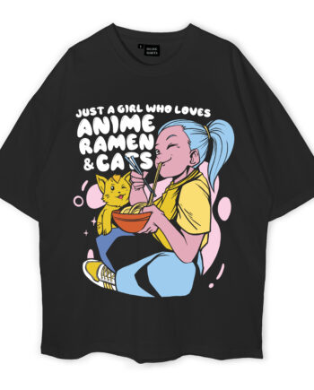 Anime Girl And Cat Eating Ramen Oversized T-Shirt