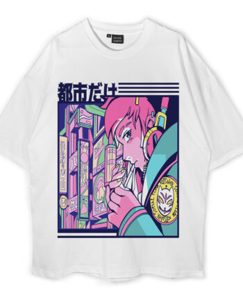 Anime Japanese City Girl Smoking Vaporwave Oversized T-Shirt
