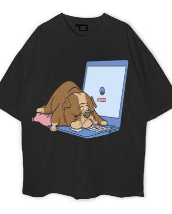 Computer Bulldog Sleeping Dog Oversized T-Shirt