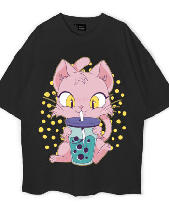Pink Cat Drinking Boba Milk Oversized T-Shirt