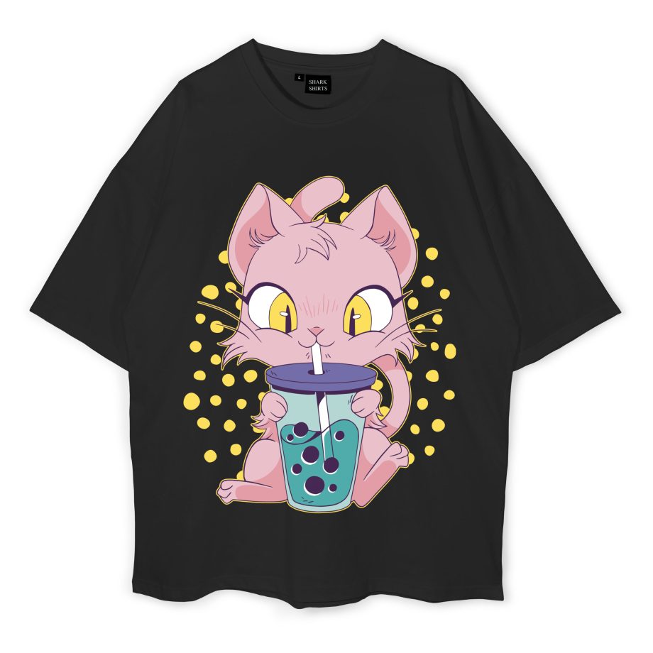 Pink Cat Drinking Boba Milk Oversized T-Shirt