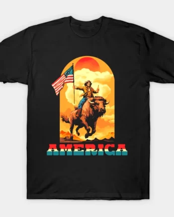 AMERICA! Guy Riding A Buffalo Drinking Beer T-Shirt