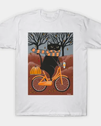 Black Cat Autumn Bicycle Ride T-Shirt