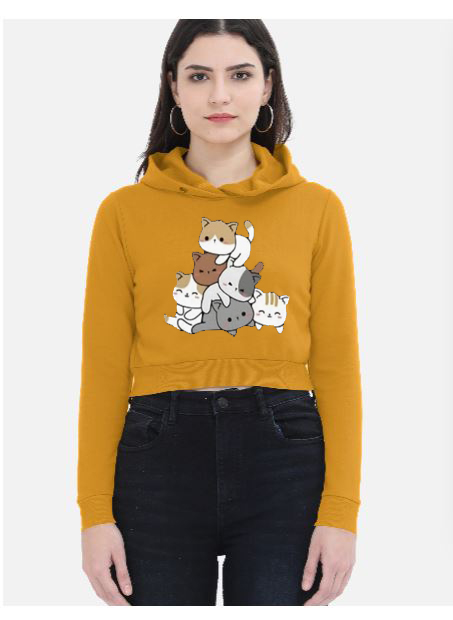 Meow Musterd Yellow Cropped Hoodie