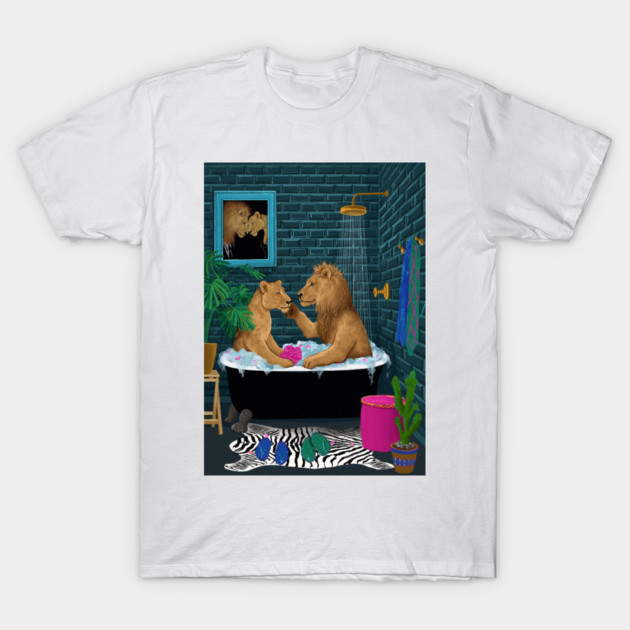 Lions in Bathtub Whimsical Art Graphic T-Shirt