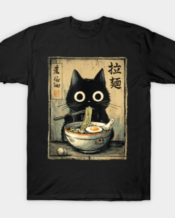 Black Cat Eating Ramen Japanese Ukiyo-e Art Graphic T-Shirt