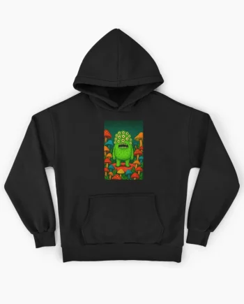 Multi-Eyed Green Monster and Mushroom Forest Graphic Hoodie