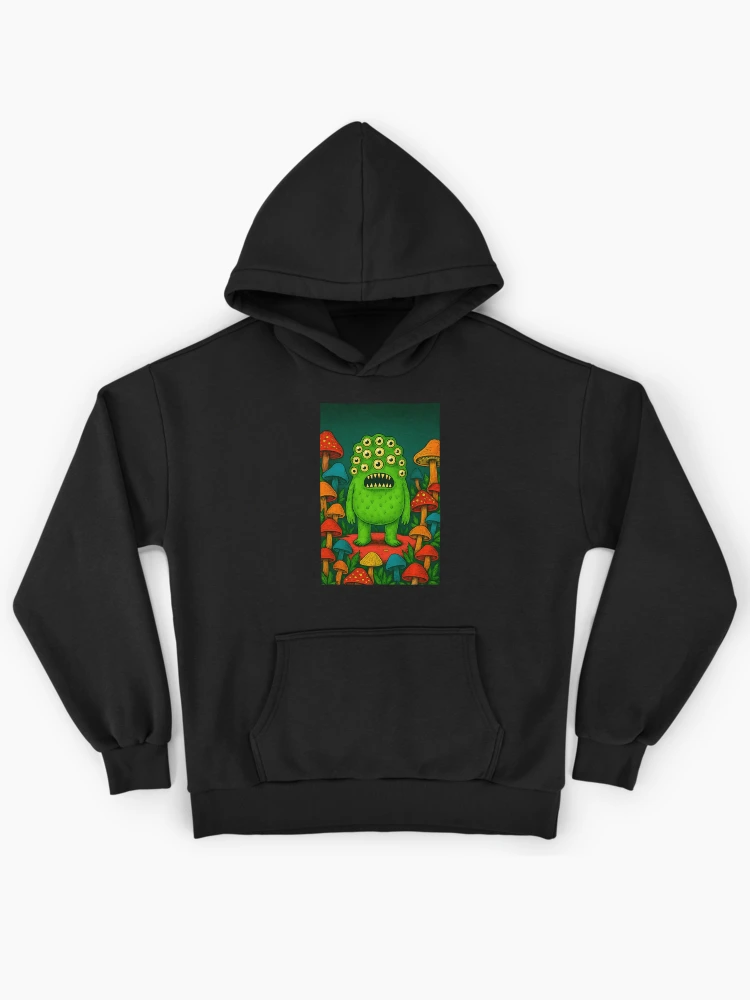 Multi-Eyed Green Monster and Mushroom Forest Graphic Hoodie
